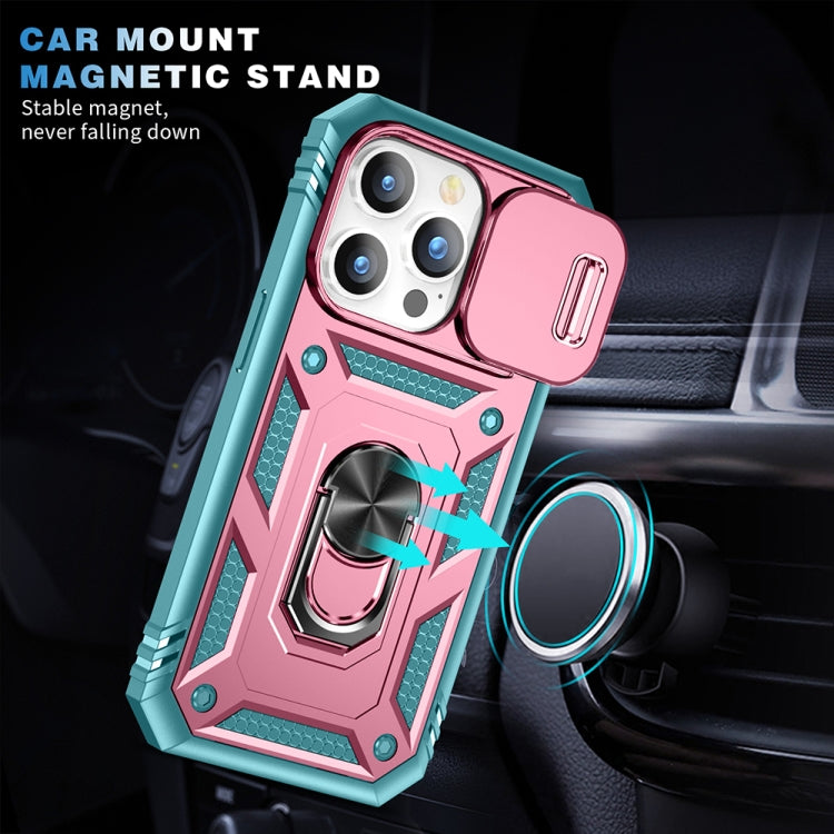 For iPhone 15 Pro Sliding Camshield Holder Phone Case(Pink+Green) - HoMEdemic™ 