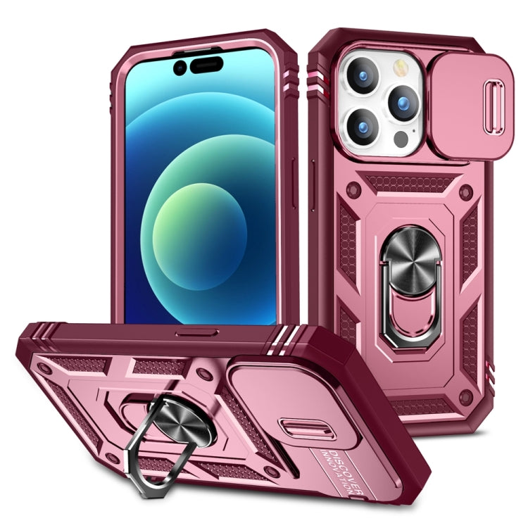 For iPhone 15 Pro Sliding Camshield Holder Phone Case(Pink+Rose Red) - HoMEdemic™ 
