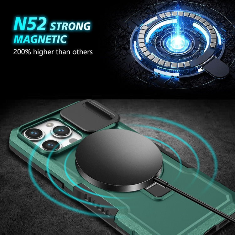 For iPhone 15 Pro Sliding Camshield MagSafe Holder TPU Hybrid PC Phone Case(Deep Green) - HoMEdemic™ 