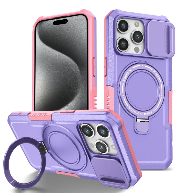 For iPhone 15 Pro Sliding Camshield MagSafe Holder TPU Hybrid PC Phone Case(Pink Purple) - HoMEdemic™ 