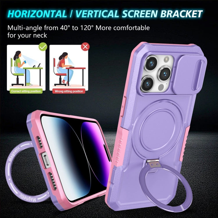 For iPhone 15 Pro Sliding Camshield MagSafe Holder TPU Hybrid PC Phone Case(Pink Purple) - HoMEdemic™ 