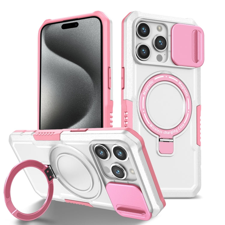 For iPhone 15 Pro Sliding Camshield MagSafe Holder TPU Hybrid PC Phone Case(Pink White) - HoMEdemic™ 