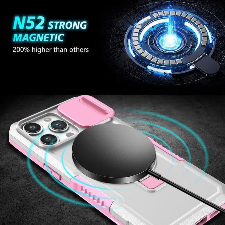 For iPhone 15 Pro Sliding Camshield MagSafe Holder TPU Hybrid PC Phone Case(Pink White) - HoMEdemic™ 