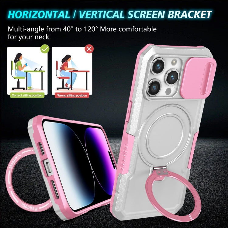For iPhone 15 Pro Sliding Camshield MagSafe Holder TPU Hybrid PC Phone Case(Pink White) - HoMEdemic™ 