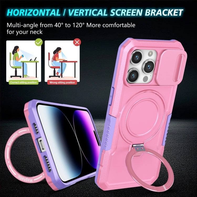 For iPhone 15 Pro Sliding Camshield MagSafe Holder TPU Hybrid PC Phone Case(Purple Pink) - HoMEdemic™ 