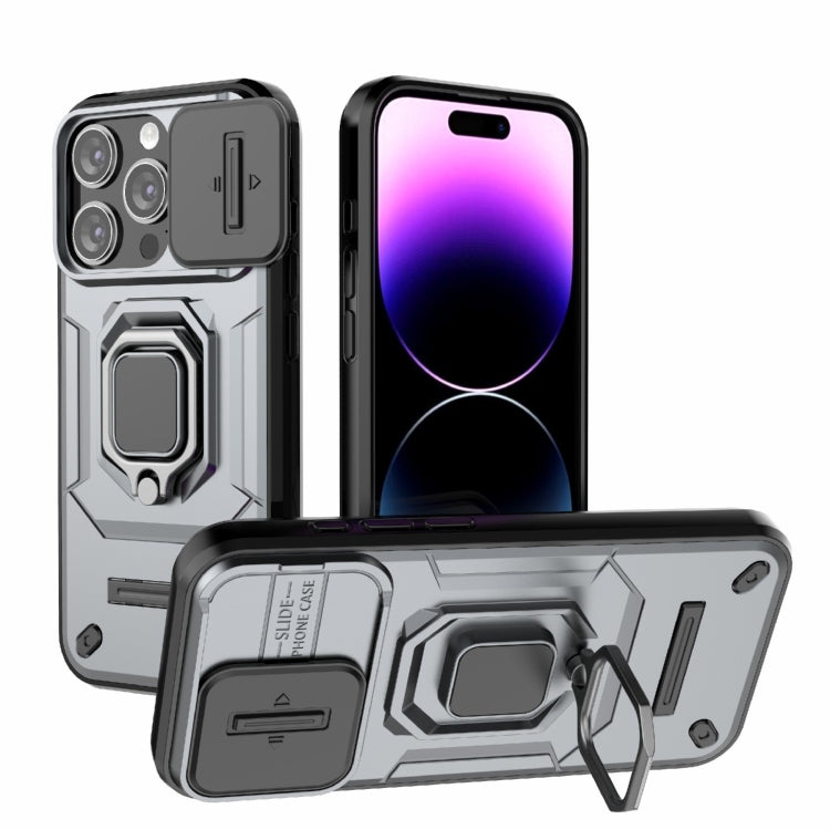 For iPhone 15 Pro Sliding Camshield TPU + PC Shockproof Phone Case with Holder(Grey) - HoMEdemic™ 
