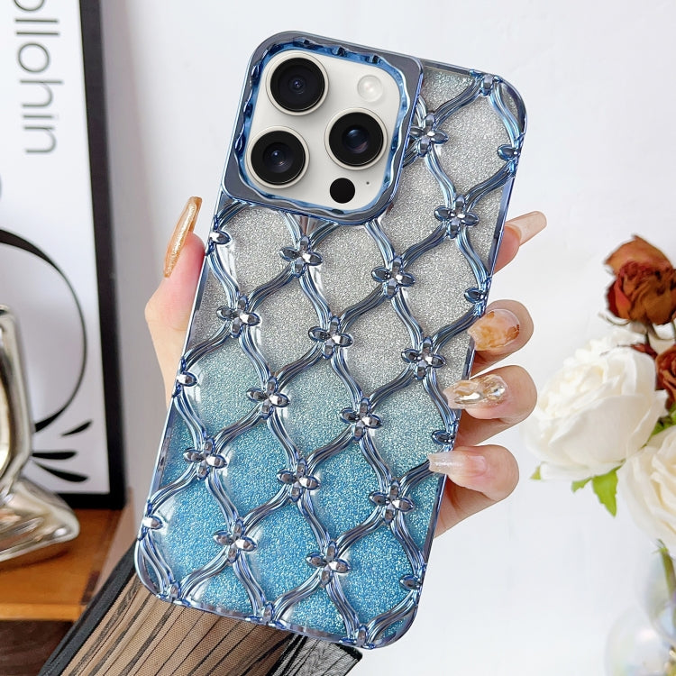 For iPhone 15 Pro Star Flower Electroplated TPU Phone Case with Gradient Glitter Paper(Blue) - HoMEdemic™ 