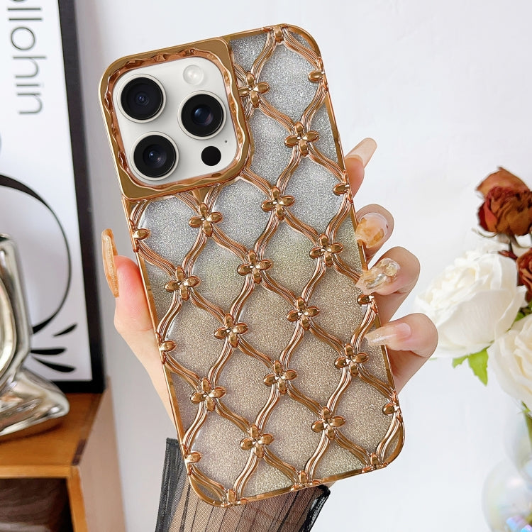 For iPhone 15 Pro Star Flower Electroplated TPU Phone Case with Gradient Glitter Paper(Gold) - HoMEdemic™ 