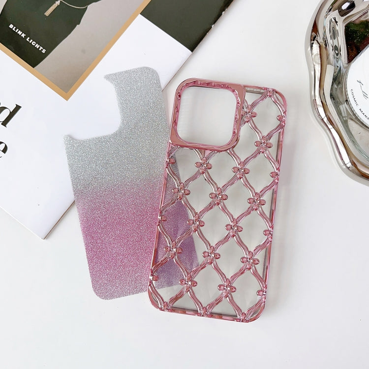 For iPhone 15 Pro Star Flower Electroplated TPU Phone Case with Gradient Glitter Paper(Pink) - HoMEdemic™ 