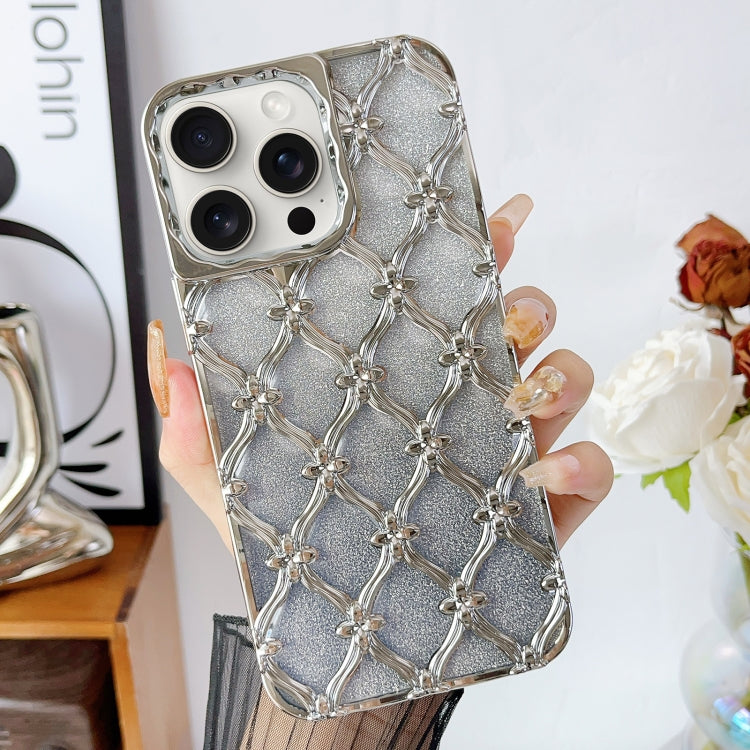 For iPhone 15 Pro Star Flower Electroplated TPU Phone Case with Gradient Glitter Paper(Silver) - HoMEdemic™ 