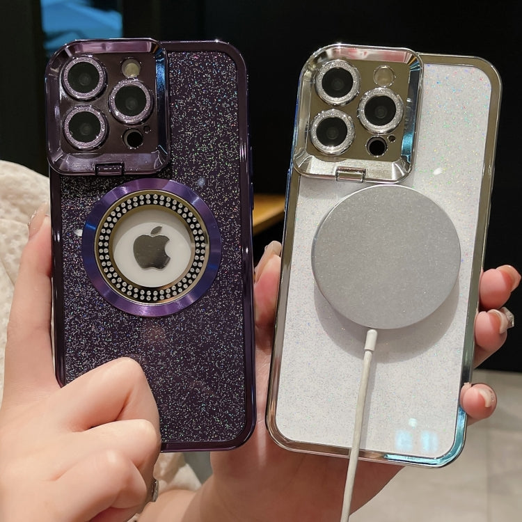 For iPhone 15 Pro Starry Glitter MagSafe Lens Holder Phone Case(Purple) - HoMEdemic™ 