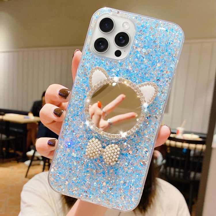 For iPhone 15 Pro Starry Sequin Diamond Cat Ears Mirror Epoxy TPU Phone Case(Blue) - HoMEdemic™ 