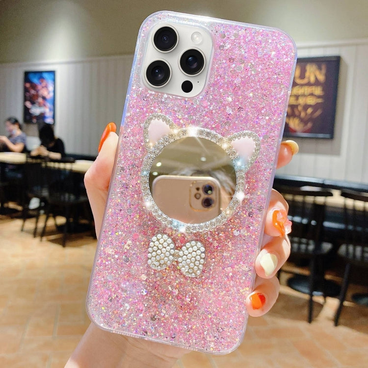 For iPhone 15 Pro Starry Sequin Diamond Cat Ears Mirror Epoxy TPU Phone Case(Pink) - HoMEdemic™ 