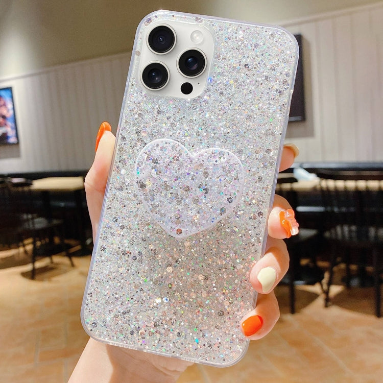 For iPhone 15 Pro Starry Sequin Heart Stand Epoxy TPU Phone Case(Silver) - HoMEdemic™ 