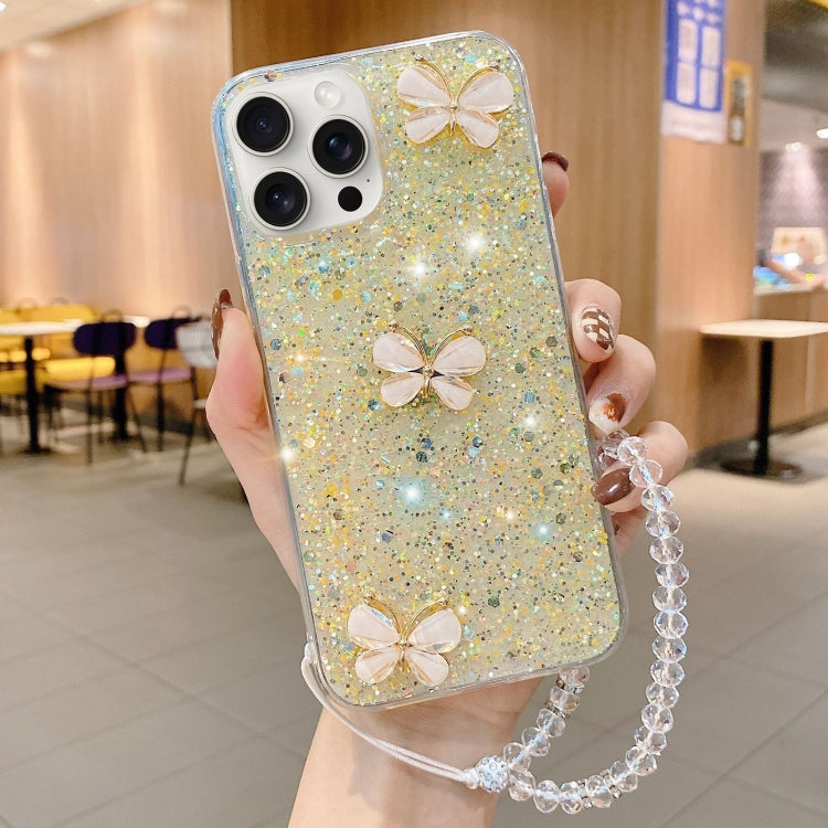 For iPhone 15 Pro Starry Sequin Jade Butterfly Epoxy TPU Phone Case with Strap(Yellow) - HoMEdemic™ 