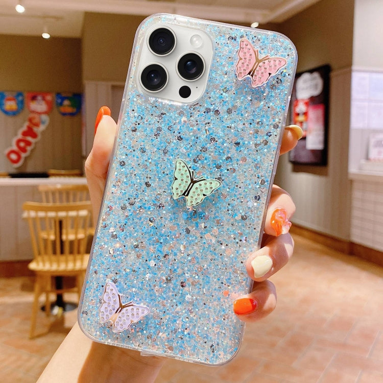 For iPhone 15 Pro Starry Sequin Rhinestones Color Butterflies Epoxy TPU Phone Case(Blue) - HoMEdemic™ 