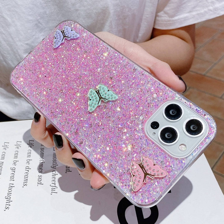 For iPhone 15 Pro Starry Sequin Rhinestones Color Butterflies Epoxy TPU Phone Case(Blue) - HoMEdemic™ 