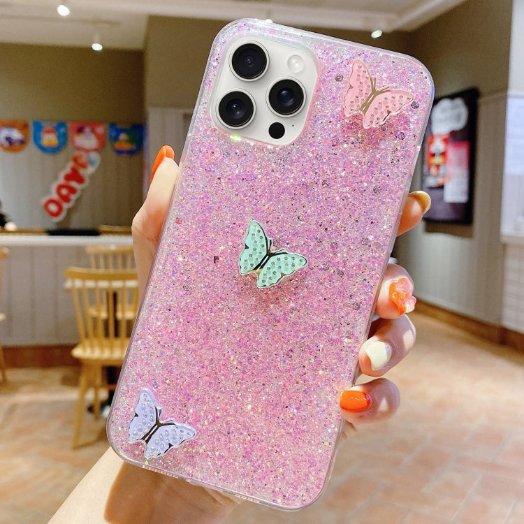 For iPhone 15 Pro Starry Sequin Rhinestones Color Butterflies Epoxy TPU Phone Case(Pink) - HoMEdemic™ 
