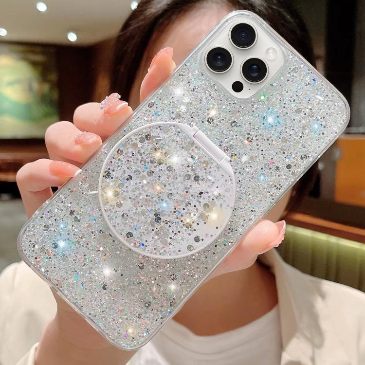 For iPhone 15 Pro Starry Sequin Round Mirror Stand Epoxy TPU Phone Case(Silver) - HoMEdemic™ 