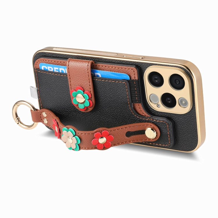 For iPhone 15 Pro Stereoscopic Flowers Wristband Card Bag Phone Case(Black) - HoMEdemic™ 