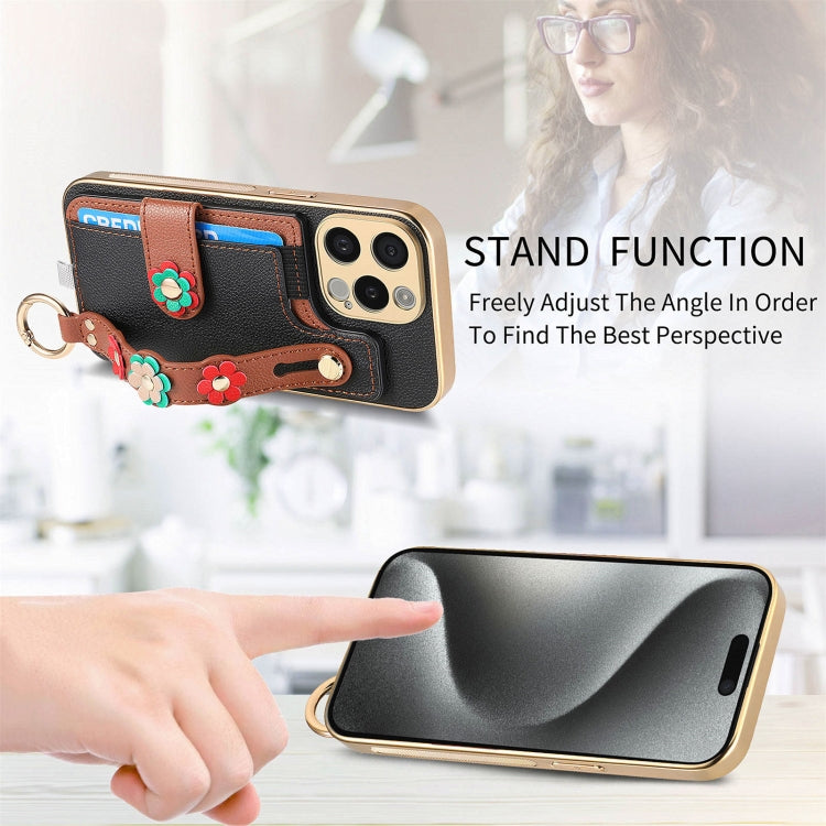 For iPhone 15 Pro Stereoscopic Flowers Wristband Card Bag Phone Case(Black) - HoMEdemic™ 