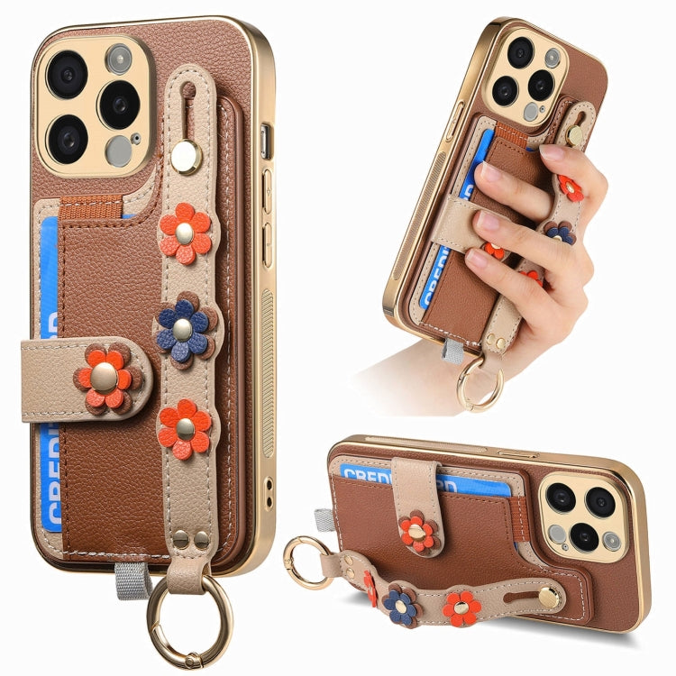For iPhone 15 Pro Stereoscopic Flowers Wristband Card Bag Phone Case(Brown) - HoMEdemic™ 