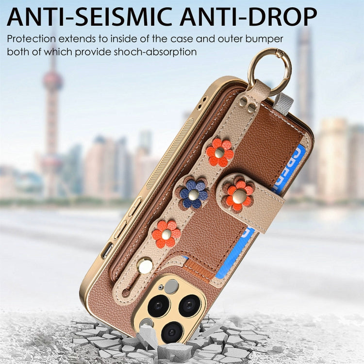 For iPhone 15 Pro Stereoscopic Flowers Wristband Card Bag Phone Case(Brown) - HoMEdemic™ 