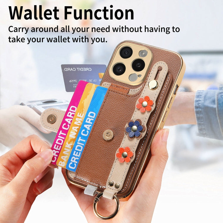 For iPhone 15 Pro Stereoscopic Flowers Wristband Card Bag Phone Case(Brown) - HoMEdemic™ 