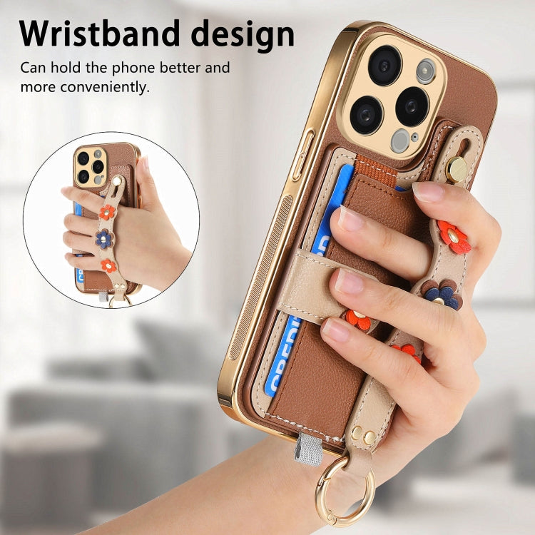 For iPhone 15 Pro Stereoscopic Flowers Wristband Card Bag Phone Case(Brown) - HoMEdemic™ 