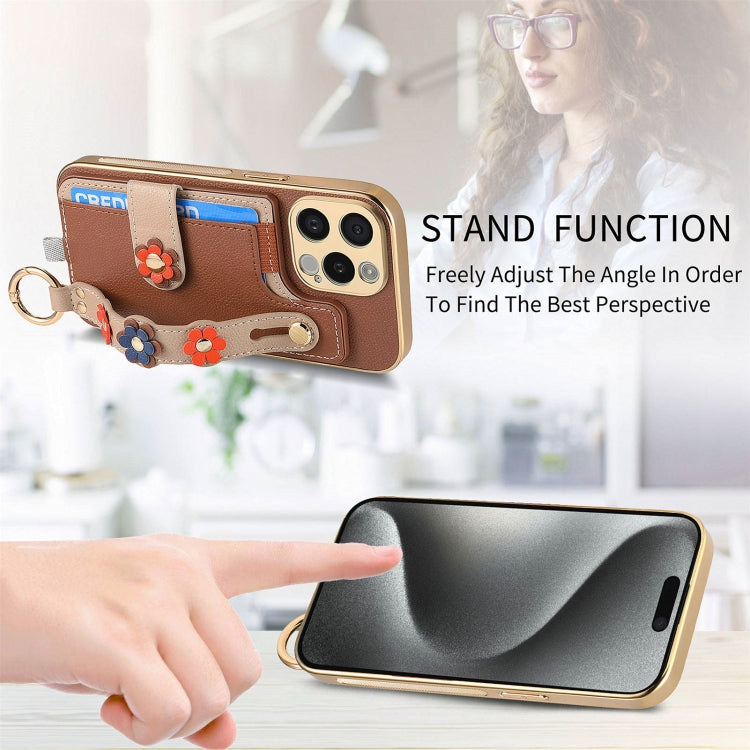 For iPhone 15 Pro Stereoscopic Flowers Wristband Card Bag Phone Case(Brown) - HoMEdemic™ 