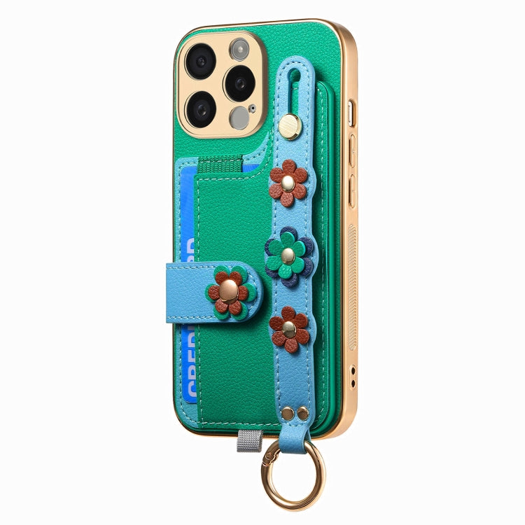For iPhone 15 Pro Stereoscopic Flowers Wristband Card Bag Phone Case(Green) - HoMEdemic™ 