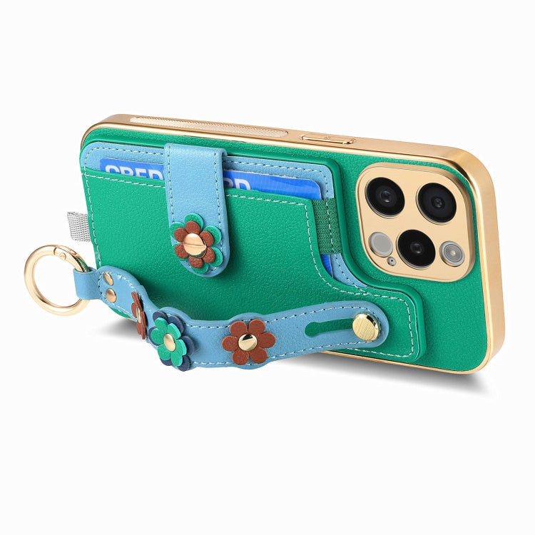 For iPhone 15 Pro Stereoscopic Flowers Wristband Card Bag Phone Case(Green) - HoMEdemic™ 