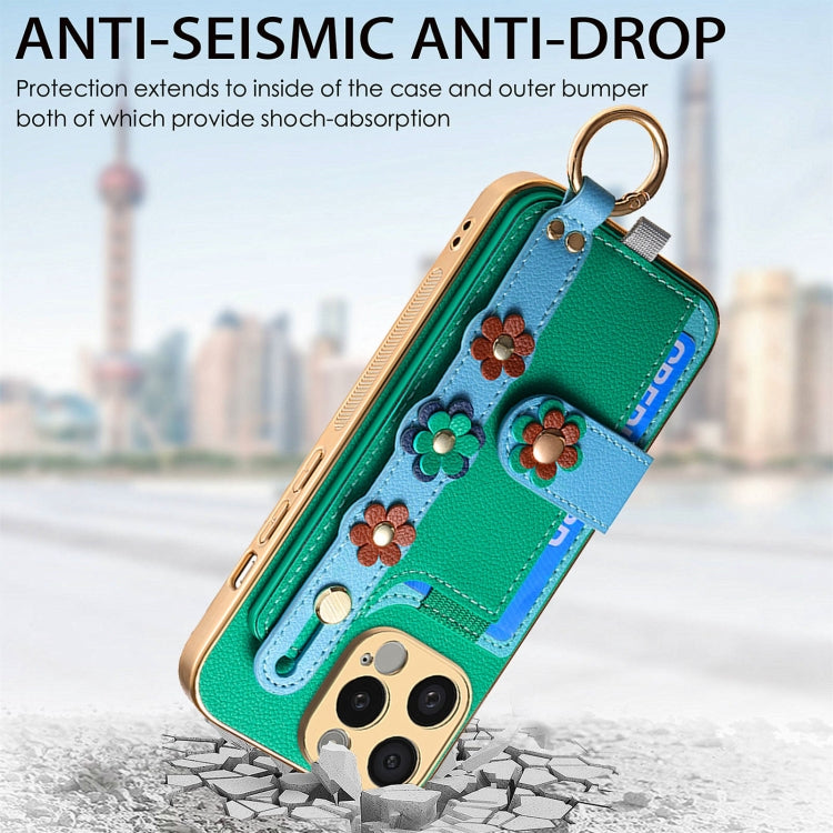 For iPhone 15 Pro Stereoscopic Flowers Wristband Card Bag Phone Case(Green) - HoMEdemic™ 
