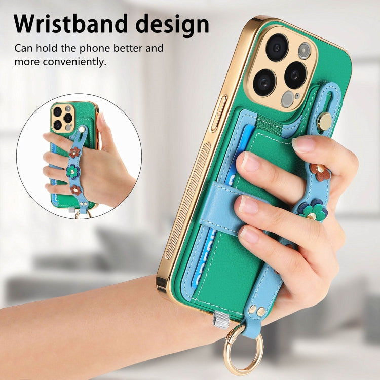 For iPhone 15 Pro Stereoscopic Flowers Wristband Card Bag Phone Case(Green) - HoMEdemic™ 