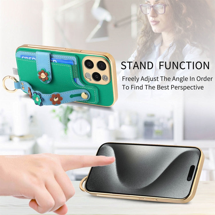For iPhone 15 Pro Stereoscopic Flowers Wristband Card Bag Phone Case(Green) - HoMEdemic™ 