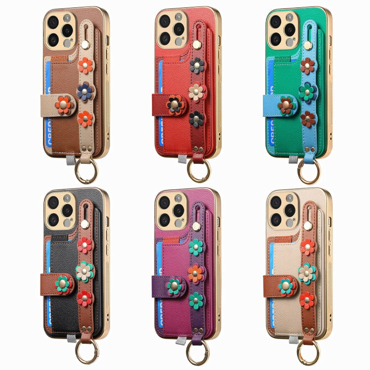 For iPhone 15 Pro Stereoscopic Flowers Wristband Card Bag Phone Case(Green) - HoMEdemic™ 