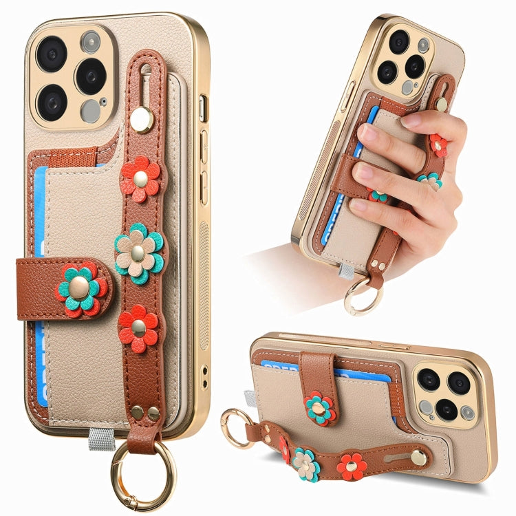 For iPhone 15 Pro Stereoscopic Flowers Wristband Card Bag Phone Case(Khaki) - HoMEdemic™ 