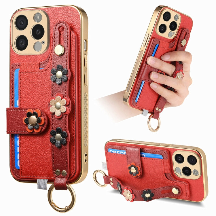 For iPhone 15 Pro Stereoscopic Flowers Wristband Card Bag Phone Case(Red) - HoMEdemic™ 