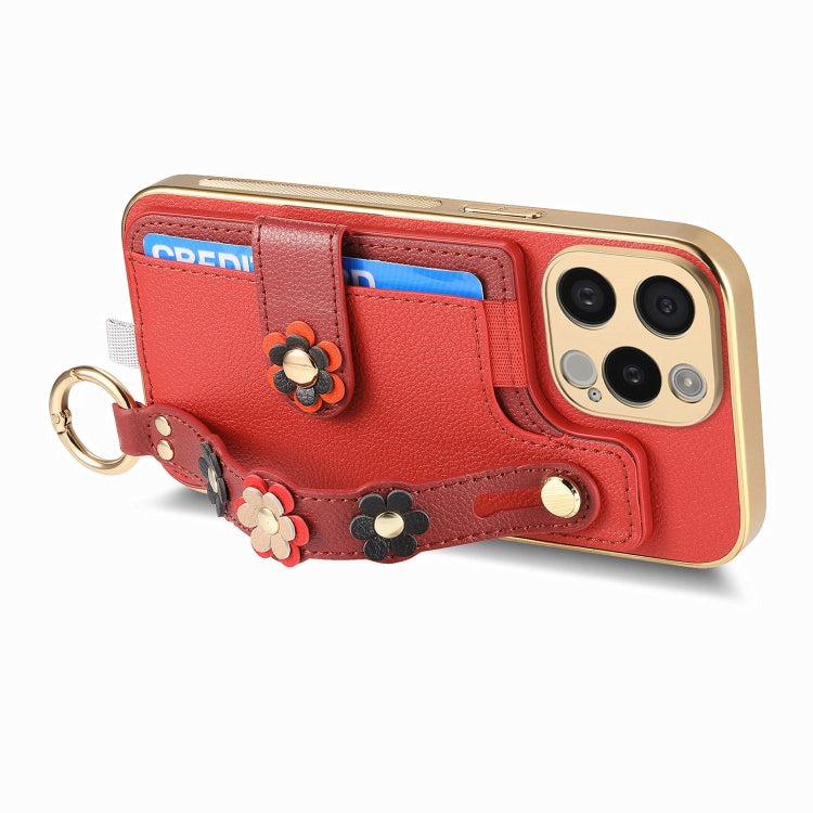 For iPhone 15 Pro Stereoscopic Flowers Wristband Card Bag Phone Case(Red) - HoMEdemic™ 