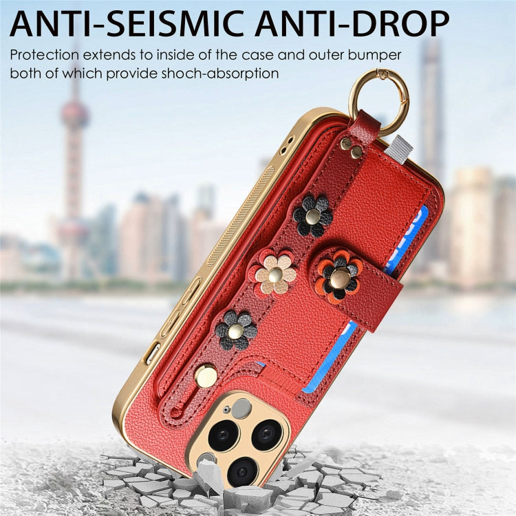 For iPhone 15 Pro Stereoscopic Flowers Wristband Card Bag Phone Case(Red) - HoMEdemic™ 