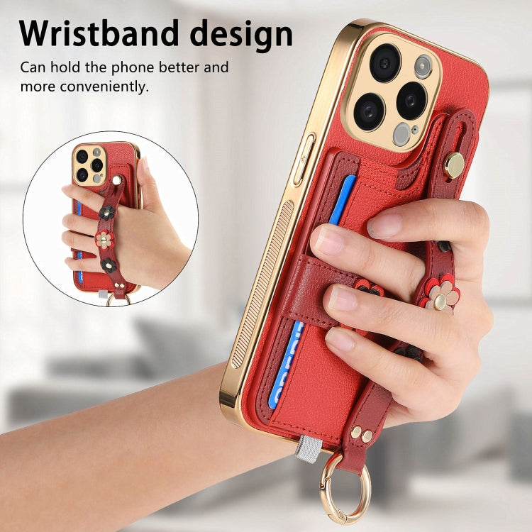 For iPhone 15 Pro Stereoscopic Flowers Wristband Card Bag Phone Case(Red) - HoMEdemic™ 
