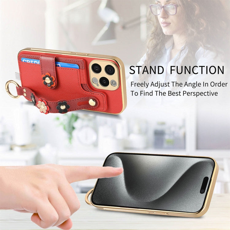 For iPhone 15 Pro Stereoscopic Flowers Wristband Card Bag Phone Case(Red) - HoMEdemic™ 