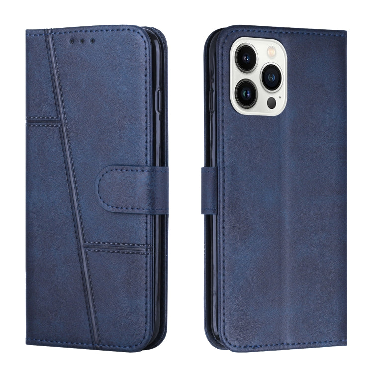 For iPhone 15 Pro Stitching Calf Texture Buckle Leather Phone Case(Blue) - HoMEdemic™ 