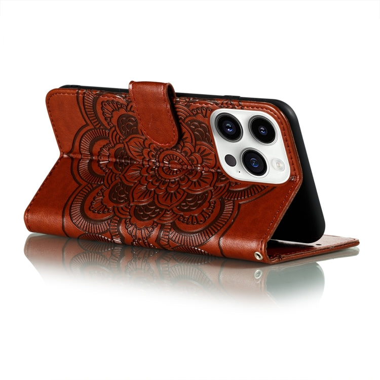 For iPhone 15 Pro Sun Mandala Embossing Leather Phone Case(Brown) - HoMEdemic™ 