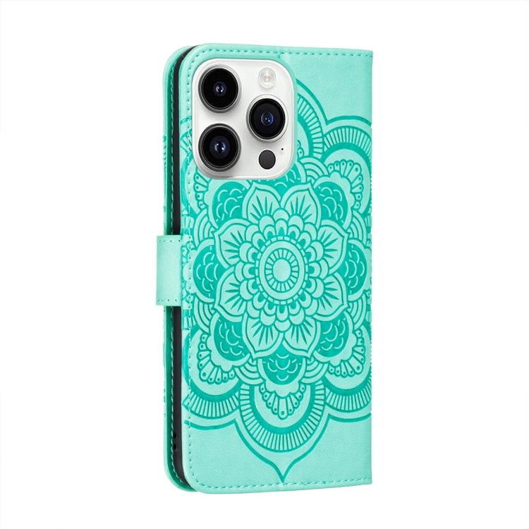For iPhone 15 Pro Sun Mandala Embossing Leather Phone Case(Green) - HoMEdemic™ 