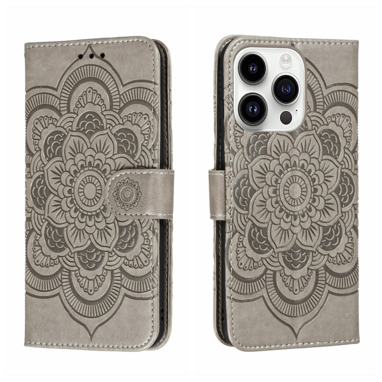 For iPhone 15 Pro Sun Mandala Embossing Leather Phone Case(Grey) - HoMEdemic™ 