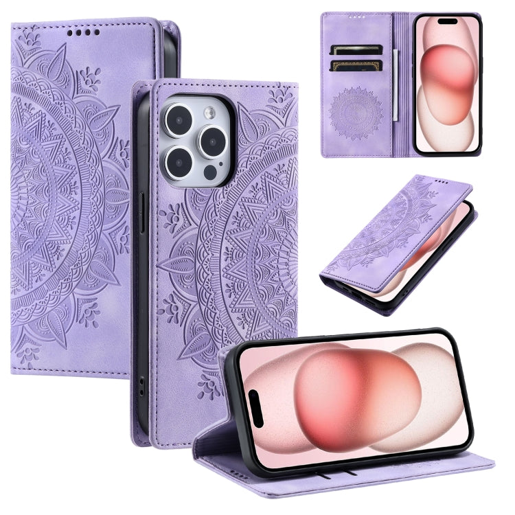 For iPhone 15 Pro Totem Embossed Magnetic Leather Phone Case(Purple) - HoMEdemic™ 