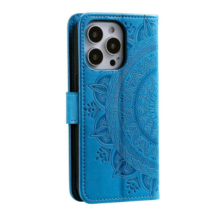 For iPhone 15 Pro Totem Flower Embossed Leather Phone Case(Blue) - HoMEdemic™ 