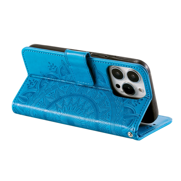 For iPhone 15 Pro Totem Flower Embossed Leather Phone Case(Blue) - HoMEdemic™ 