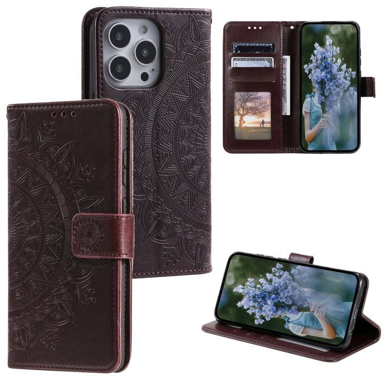 For iPhone 15 Pro Totem Flower Embossed Leather Phone Case(Brown) - HoMEdemic™ 